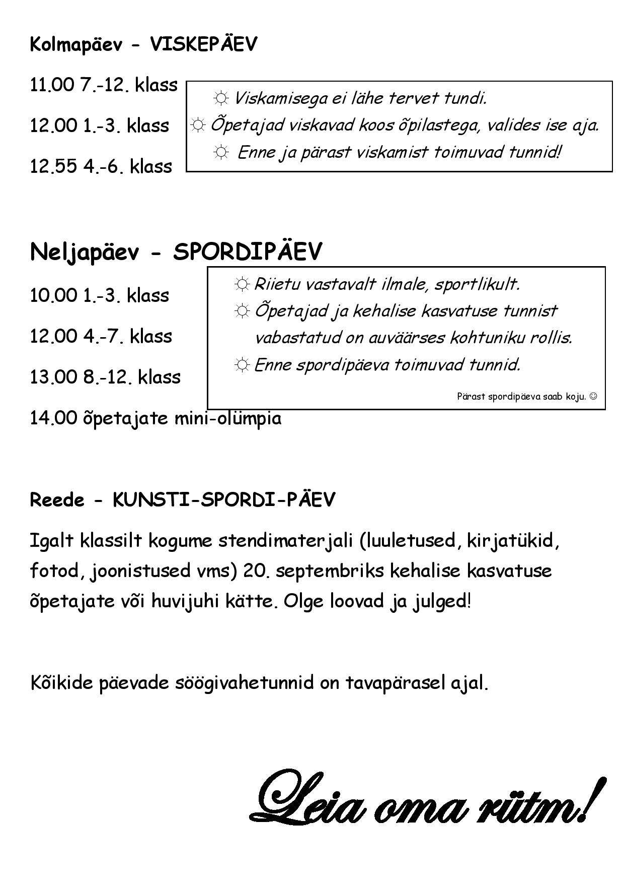 Spordipäev kolmapäev reede